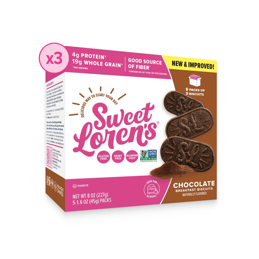 Sweet Loren's Vegan Breakfast Biscuits | Chocolate | 4g Protein, 19g Whole Grains | Plant Based, Gluten Free, Dairy Free, Nut Free Snacks | 3 Pack (45 Total Biscuits, 1.6 ounce each)