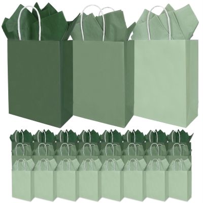 36 Pack Sage Green Gift Bags Spring 3 Colors Paper Bag with Handles and Tissue One Lucky Duck Colorful Wrapping Bags for Mallard Duck Baby Shower Birthday Party Supplies, 6.3 x 3.1 x 8.7 In