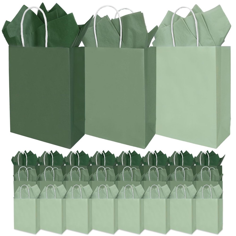 36 Pack Sage Green Gift Bags Spring 3 Colors Paper Bag with Handles and Tissue One Lucky Duck Colorful Wrapping Bags for Mallard Duck Baby Shower Birthday Party Supplies, 6.3 x 3.1 x 8.7 In