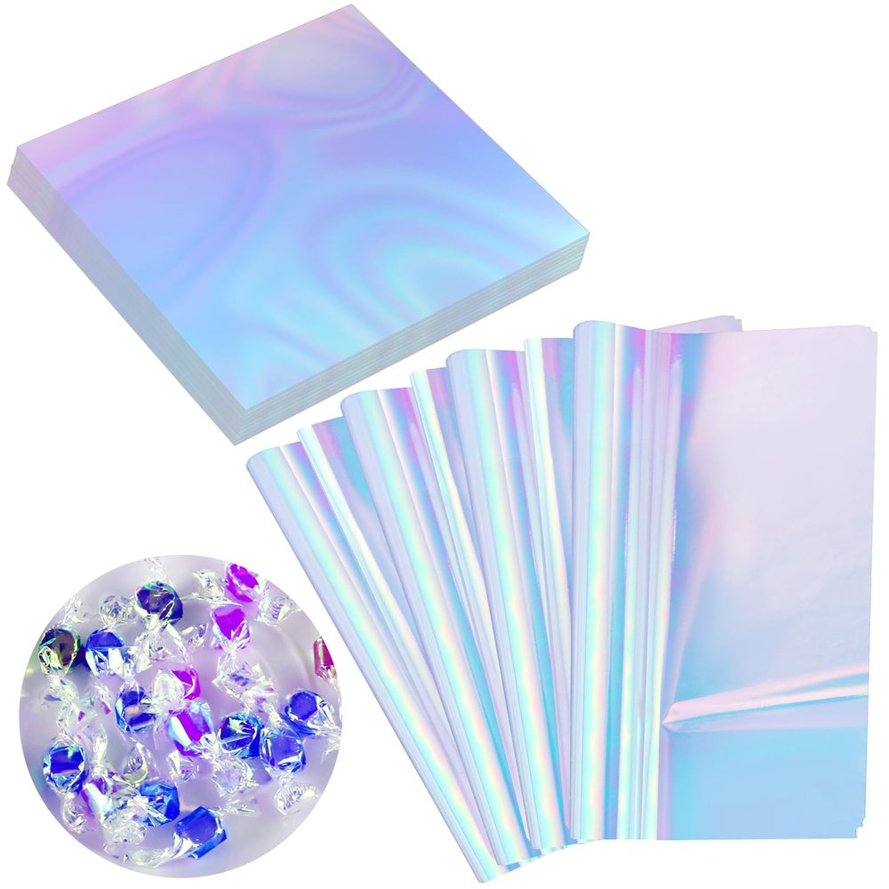 Prudiut 150 Pieces Iridescent Cellophane Sheets Blue Holographic Cellophane Wrap Iridescent Paper for Candy Gift Wraps DIY Crafts Art Lights Window Decoration (9 x 9 Inch)