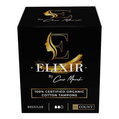 Elixir by Coc March Certified Organic Cotton Tampons Hypoallergenic Biodegradable Tube Organic Cotton Core, Pull Cord, Sewing Thread - No Harsh Chemicals - Regular 16 Count