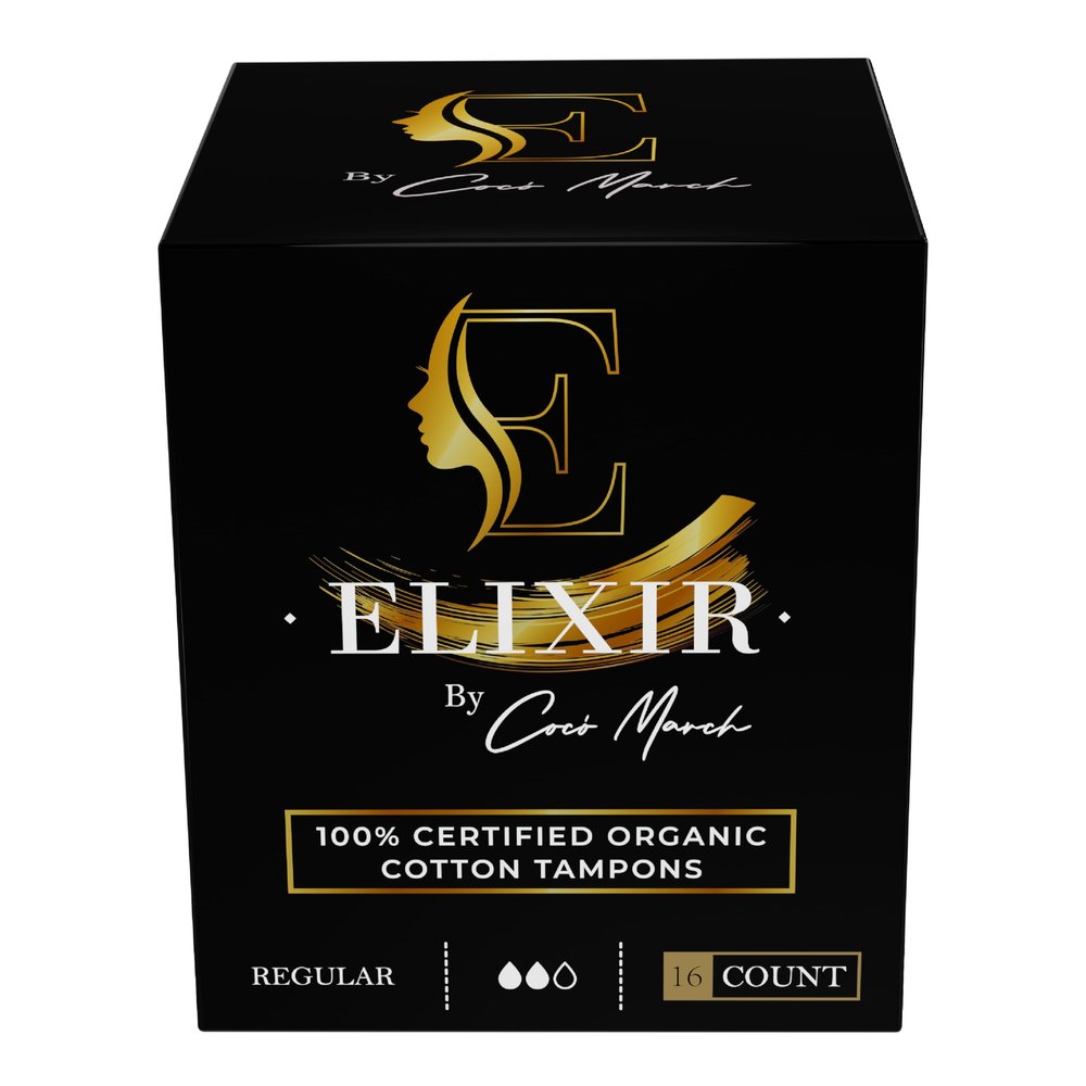 Elixir by Coc March Certified Organic Cotton Tampons Hypoallergenic Biodegradable Tube Organic Cotton Core, Pull Cord, Sewing Thread - No Harsh Chemicals - Regular 16 Count