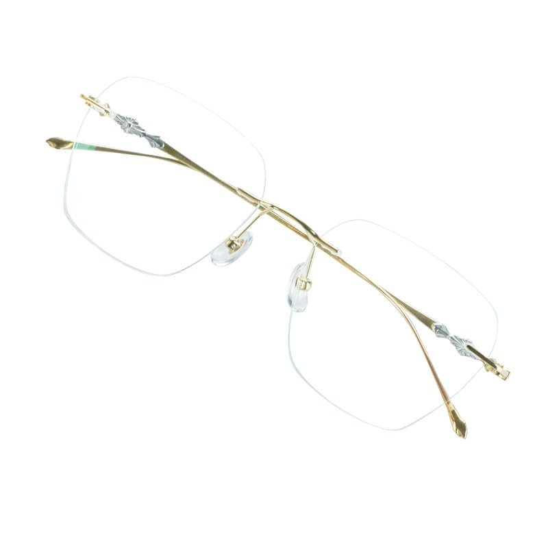 VisionGlobal Pure Titanium Frame for men/women Blue Light Blocking,Hand-set Diamond Fashion Glasses (Golden Clear, 1.50 Magnification)