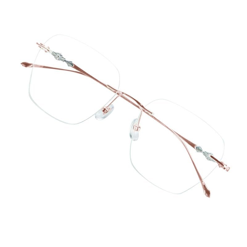 VisionGlobal Pure Titanium Frame for men/women Blue Light Blocking,Hand-set Diamond Fashion Glasses (Pink Clear, 3.50 Magnification)