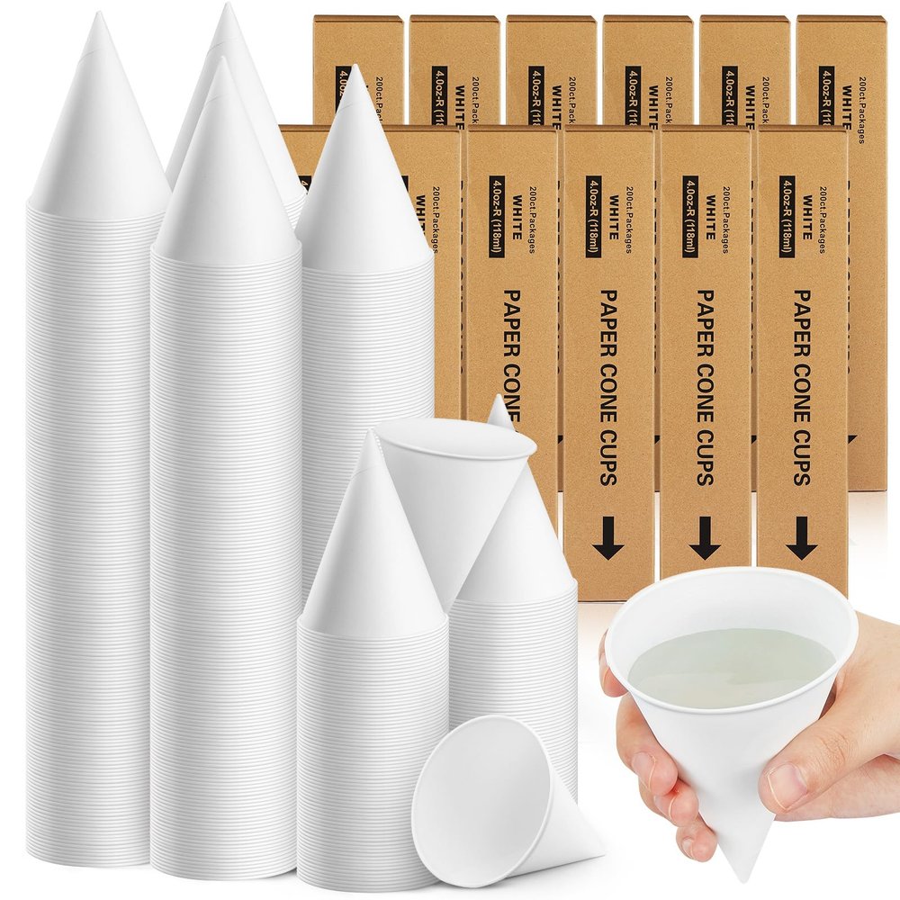 Roshtia 2400 Pcs Paper Cone Cups Thicken Disposable Cone Cups for Shaved Ice, Slushies Water Cooler Dispenser, White (4 oz)