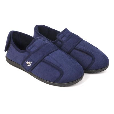 Happy Touch Men's 80-D Memory Foam Adjustable Wide Diabetic Slippers for Swollen Feet, Edema, Arthritis, Elderly Indoor/Outdoor (14, Navy Blue)