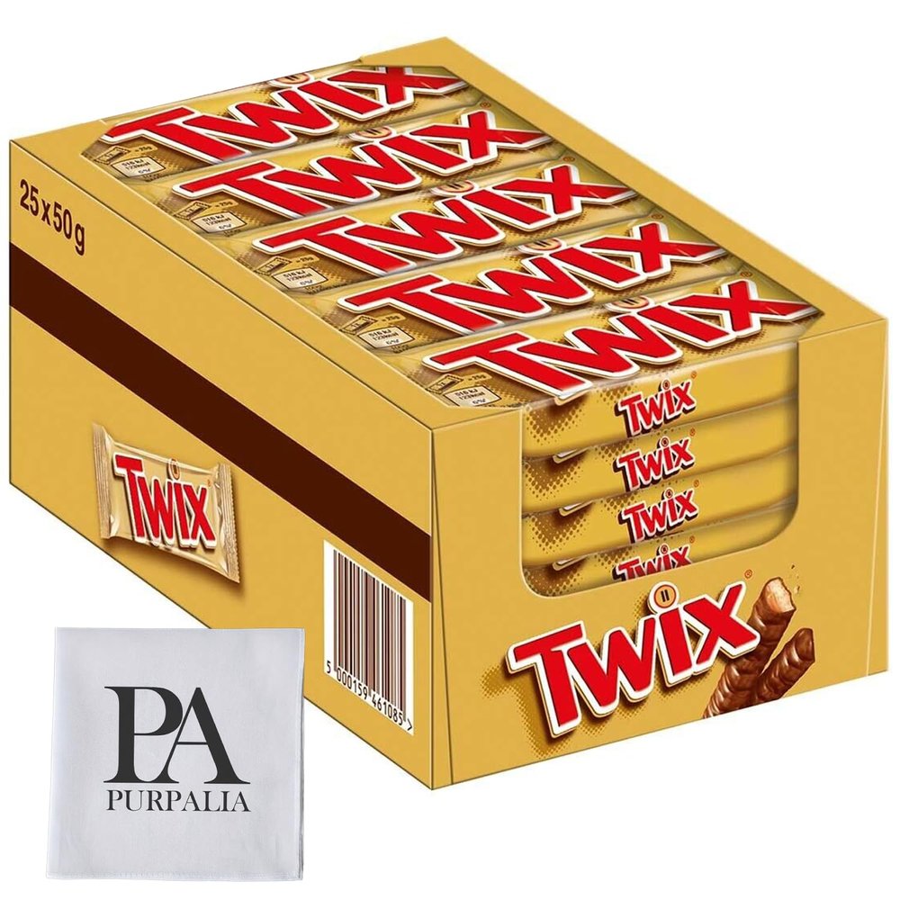 Twix Candy Bars Bulk: 50g Individually Wrapped Full-Size Caramel Cookie Bars - Satisfy Your Sweet Tooth with Twix! (Purpalia Packaging) (25 Pack)