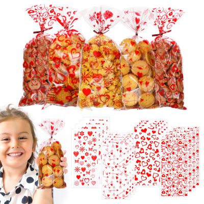 10.6''x5'' Sturdy Valentine Cellophane Bags- 160Pcs Valentines Goodie Candy Treat Gift Bags for Kids, with Twist Ties- Goodie Cello Bags for Kids Class Valentines Party Favors Supplies Cookie Bags