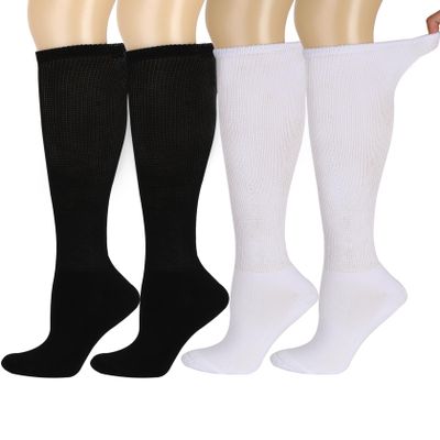 Bamboo Rayon Knee High Diabetic Socks for Men & Women 4 Packs, Soft No-Binding Cushioned Sole Seamless Diabetic Socks, White & Black(2 Pairs/Color, 9-11)