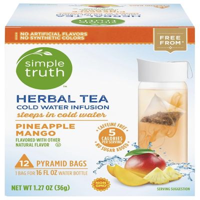 Simple Truth - Herbal Tea Cold Water Infusion - Pineapple Mango -12 Tea Bag Pack. Plus GTF Sticker & Spearmint Gum Stick