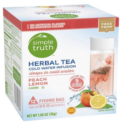 Simple Truth - Herbal Tea Cold Water Infusion - Peach Lemon -12 Tea Bag Pack. Plus GTF Sticker & Spearmint Gum Stick