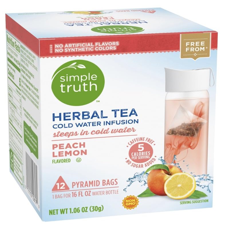Simple Truth - Herbal Tea Cold Water Infusion - Peach Lemon -12 Tea Bag Pack. Plus GTF Sticker & Spearmint Gum Stick