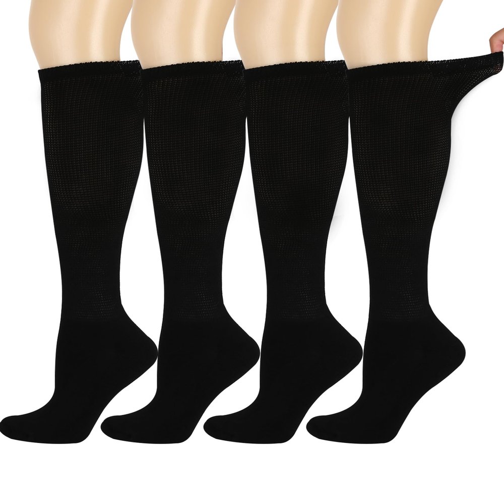 Bamboo Rayon Knee High Diabetic Socks for Men & Women 4 Packs, Soft No-Binding Cushioned Sole Seamless Diabetic Socks, Black(4 Pairs, 13-15)