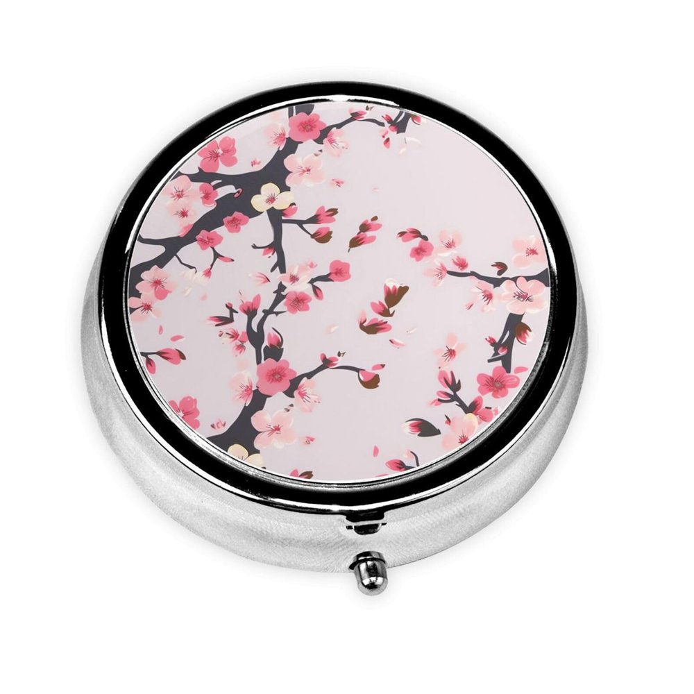 Round Pill Box Cherry Blossoms Cute Small Pill Case 3 Compartment Pillbox for Purse Pocket Portable Pill Container Holder to Hold Vitamins Medication Fish Oil and Supplements