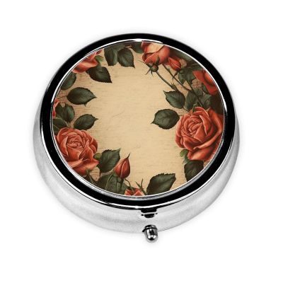 Round Pill Box Roses Cute Small Pill Case 3 Compartment Pillbox for Purse Pocket Portable Pill Container Holder to Hold Vitamins Medication Fish Oil and Supplements