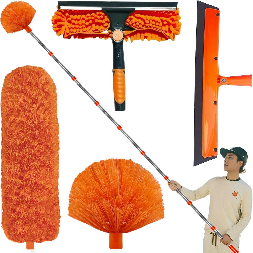 20+ Feet High Reach Duster Kit with 3-14 ft Extension Pole High Ceiling Dusting and Window Cleaning Kit with Spliceable Pole - Window Washer & Squeegee, Cobweb Duster, Fan Blade and Feather Dusters