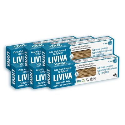 LIVIVA Low Carb High Protein KETO Pasta 135 g Protein per Box with Pea Protein & Konjac Flour - 8g Net Carbs, Diabetic-Friendly - Ready to Eat in 3 4 mins - Healthy Al Dente Pasta (6 Pack, Spaghetti Pasta)