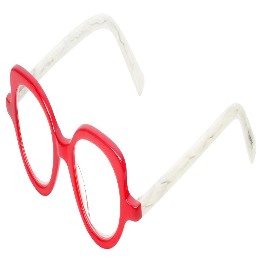 Calabria EB Peep Show Cat-Eye Blue Light Blocking Reading Glasses +3.50 Red Crystal White Marble Women