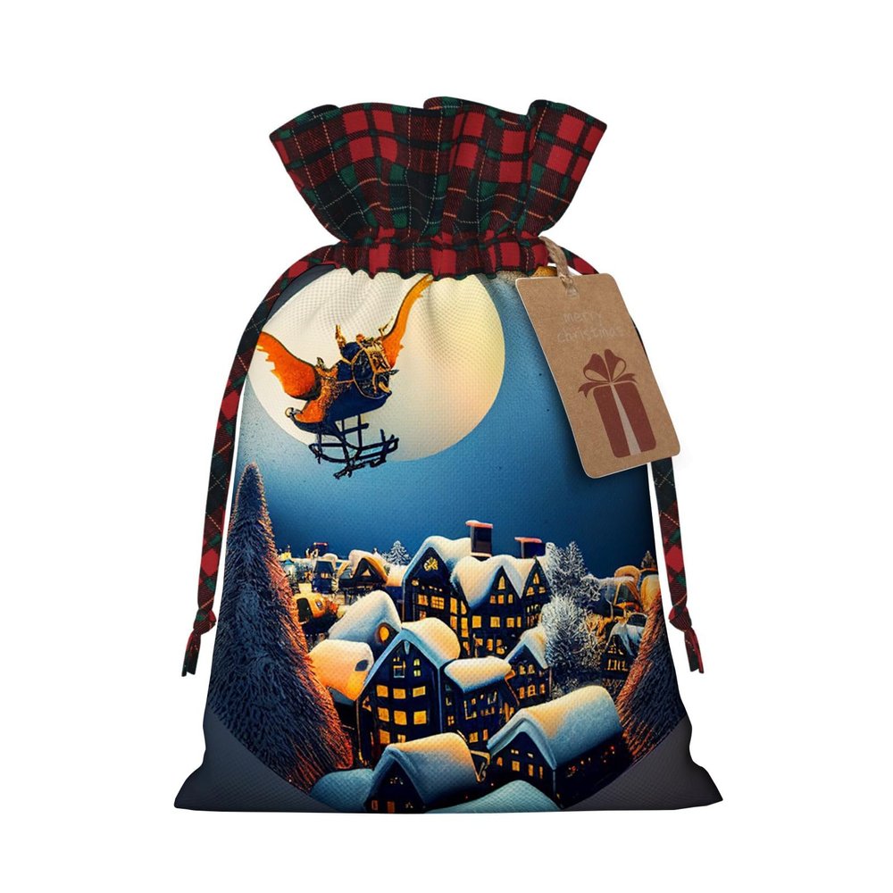 Yioniii Late at Night Santa Flying Christmas Tree pattern Christmas Bags with Drawstring,Christmas Gift Bags for Presents, Reusable Christmas Bags for GiftsBlue,S
