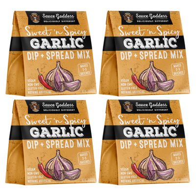 Sauce Goddess - Sweet n Spicy Garlic Dip & Spread Mix (4-Pack) - Low Sugar, Low Sodium, Fat-Free, Vegan, Medium-Spicy, No MSG
