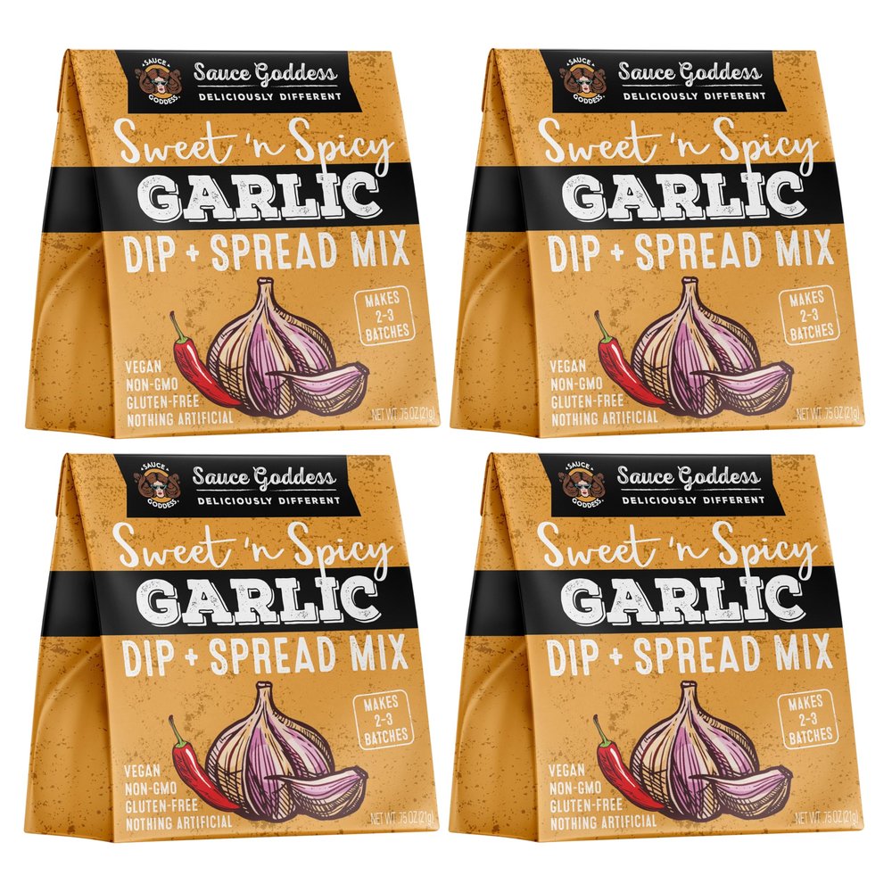Sauce Goddess - Sweet n Spicy Garlic Dip & Spread Mix (4-Pack) - Low Sugar, Low Sodium, Fat-Free, Vegan, Medium-Spicy, No MSG