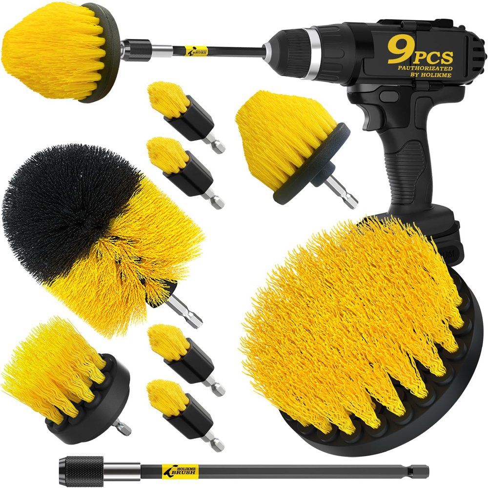 Holikme 9Pack Drill Brush All Purpose Drill Brush with Extend Attachment for Bathroom Surfaces, Grout, Floor, Tub, Shower, Tile, Kitchen and CarCorner,Masonry BrushesYellow
