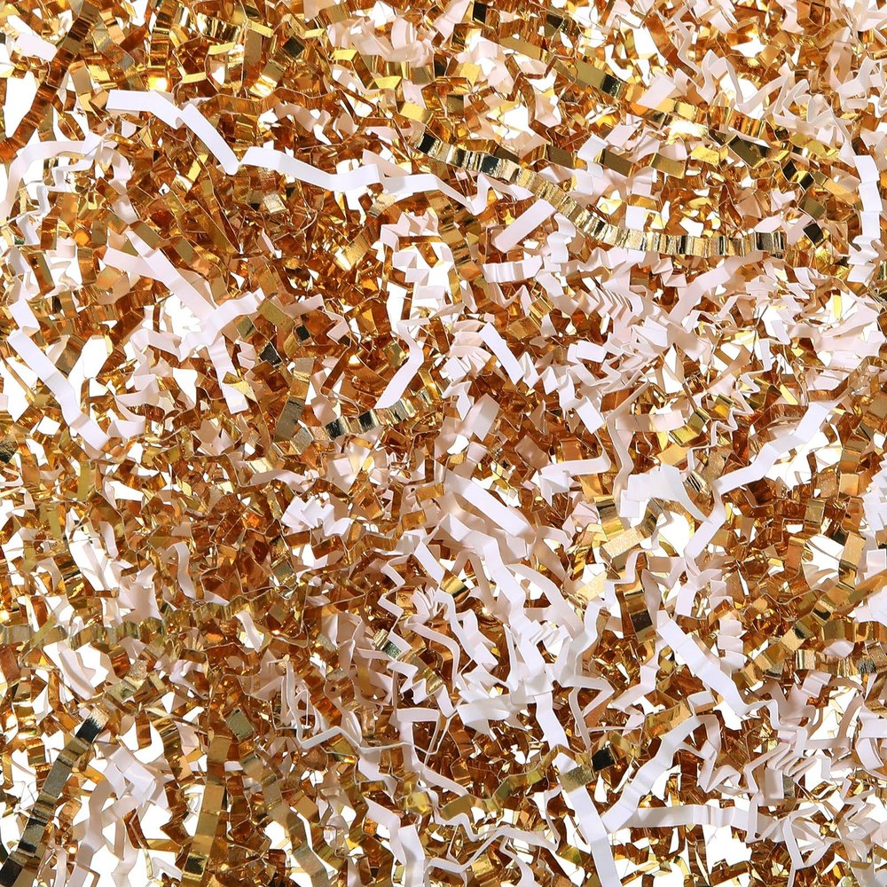 Fulmoon 1 Bag 3 lb/1.35 kg Shredded Paper for Gift Box Crinkle Cut Glitter Shredded Filler Shiny Paper Filler for Gift Wrapping Basket Filling Birthday Wedding Christmas(Gold, White)