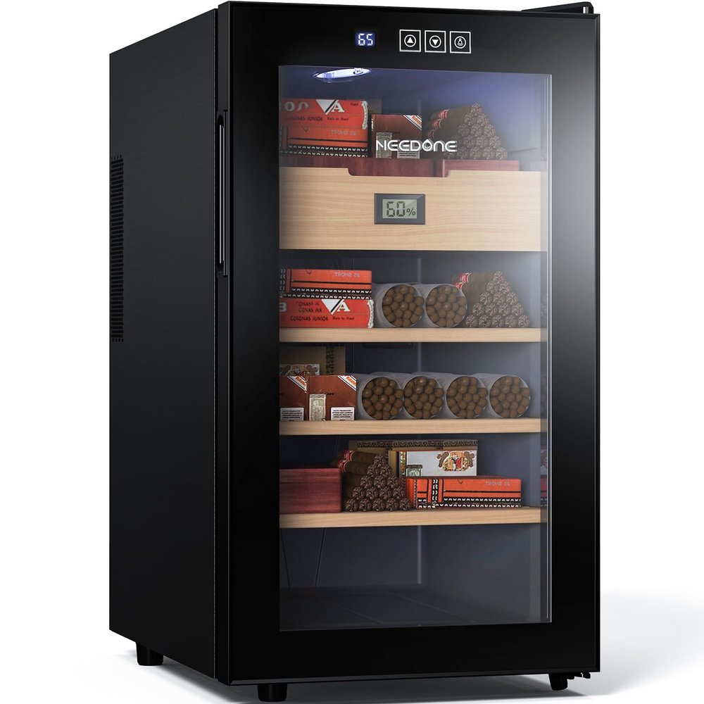 NEEDONE Cigar Humidor 48L with Heating and Cooling Temperature Control System, Quiet Thermostatic Electric Cooler Cabinet for 350 Counts with Digital Hygrometer, Spanish Cedar Wood, Gift for Men
