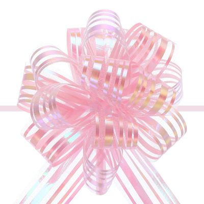 MECCANIXITY 5pcs 4 Inch Organza Large Pull Bow Metallic Gift Wrapping Bows Ribbon Chiffon Yarn Light Pink for Wedding Baskets Presents Christmas Valentine's Day