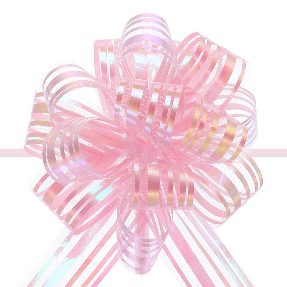 MECCANIXITY 5pcs 4 Inch Organza Large Pull Bow Metallic Gift Wrapping Bows Ribbon Chiffon Yarn Light Pink for Wedding Baskets Presents Christmas Valentine's Day