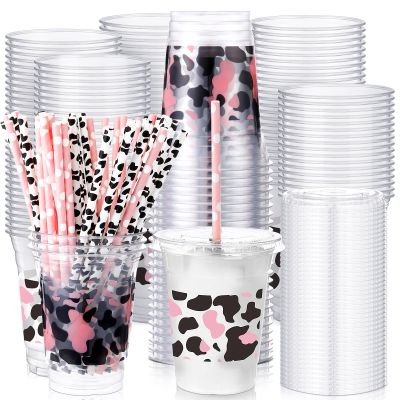 meekoo 50 Sets Pink Cow Cup with Flat Lids and Straws 12 oz Pink Plastic Clear Drink Disposable Cups with Lids for Cow Themed Parties Summer Picnic Print Birthday Baby Shower