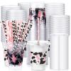 meekoo 50 Sets Pink Cow Cup with Flat Lids and Straws 12 oz Pink Plastic Clear Drink Disposable Cups with Lids for Cow Themed Parties Summer Picnic Print Birthday Baby Shower view 1