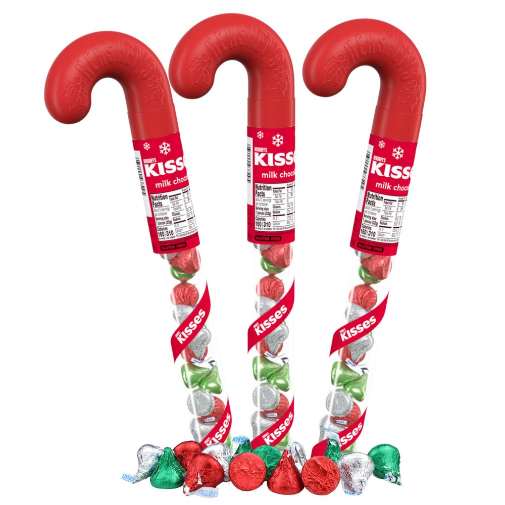 Sweetzo Plastic Candy Cane Tubes Filled with Individually Wrapped Chocolate Kisses, Christmas 2023 Stocking Stuffers, 2.24 Ounces (Pack of 3)