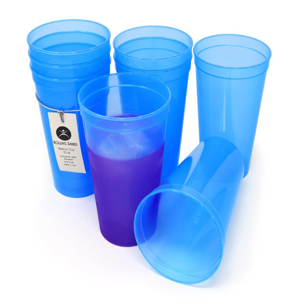 Rolling Sands 22 Oz Reusable Plastic Stadium Cups, 8 Pack, Made in USA, BPA-Free Dishwasher Safe Color Changing Tumblers, Blue to Purple