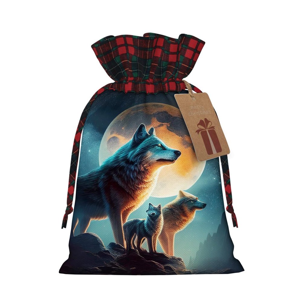 Yioniii wolf family moon howling in the style pattern Christmas Drawstring Gift Bags, Wrapping Bag with Ribbon for Xmas Holiday Presents Party Favor Goody BagsGreen,size M