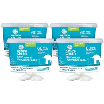 Nature Clean Non Toxic Dishwasher Detergent Pods, Plant-Based Dishwashing Pods, Non-Toxic & Unscented Dish Pods, Tough on Grease, Eco-Friendly Cleaning Power, 60 Count, Pack of 4