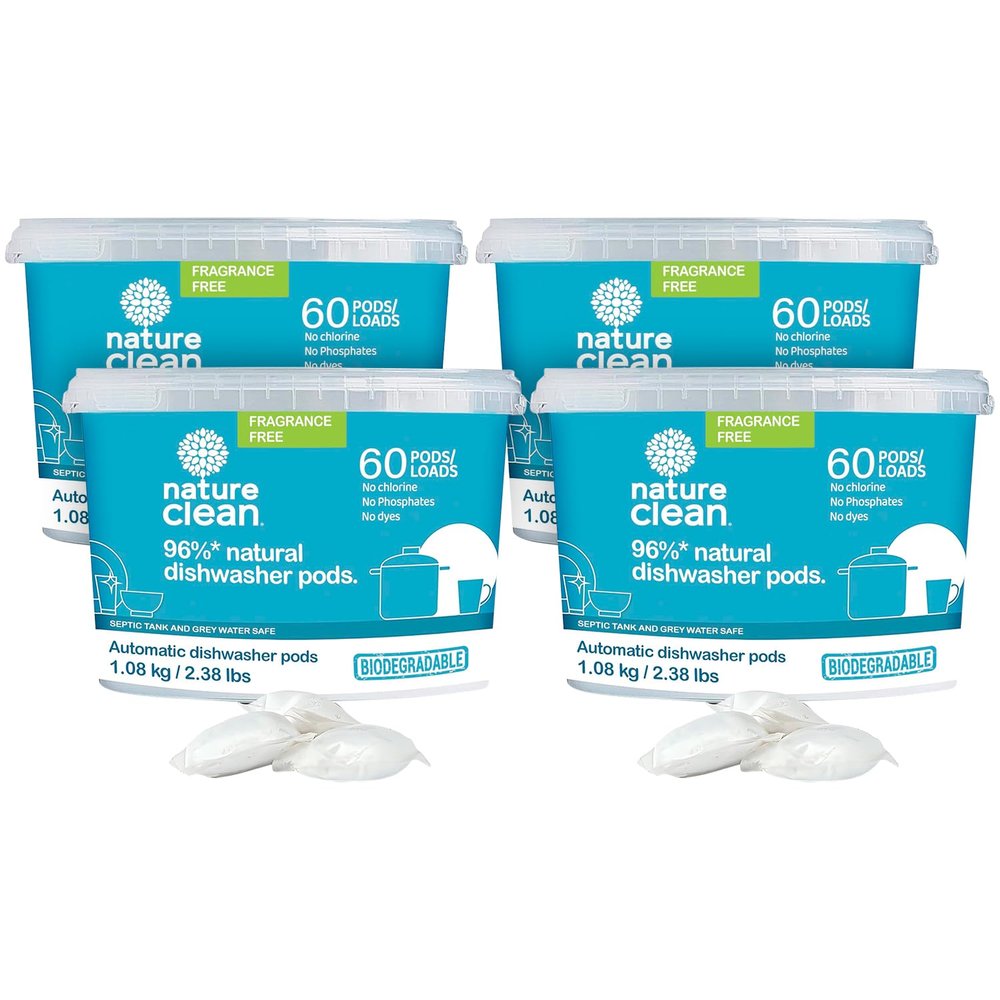 Nature Clean Non Toxic Dishwasher Detergent Pods, Plant-Based Dishwashing Pods, Non-Toxic & Unscented Dish Pods, Tough on Grease, Eco-Friendly Cleaning Power, 60 Count, Pack of 4