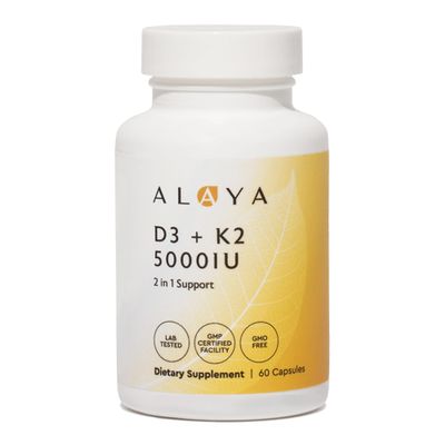 Alaya Naturals Vitamin D3 K2 Supplement  5000 IU D3, 50 mcg K1, 15 mcg K2 MK-7  High Absorption Capsules for Bone & Immune Support, Non-GMO, Vegetarian Capsules 60 Count