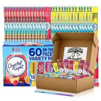 Broheemium Crystal Light Variety Pack 60 Flavored Drink Mix Packets in Lemonade Fruit Punch Raspberry Strawberry Flavors Bundles One Reusable Mood Straw Sugar-Free Hydration Anytime Anywhere!