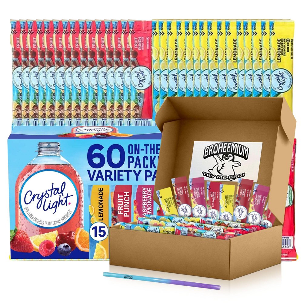 Broheemium Crystal Light Variety Pack 60 Flavored Drink Mix Packets in Lemonade Fruit Punch Raspberry Strawberry Flavors Bundles One Reusable Mood Straw Sugar-Free Hydration Anytime Anywhere!