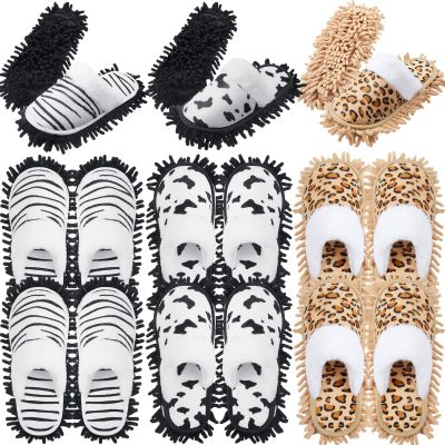 HooLing 6 Pairs Microfiber Dusting Cleaning Mop Slippers - Unisex Shoes With Cow Zebra Leopard Print for Office Home Room (Women 8-10/ Men 7-9)