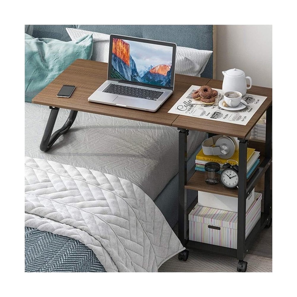 POCHY Overbed Table Modern Overbed Table Height Adjustable Side Table Steel Frame Overbed Bedside with Storage Tray Locking Casters Laptop Desk Portable