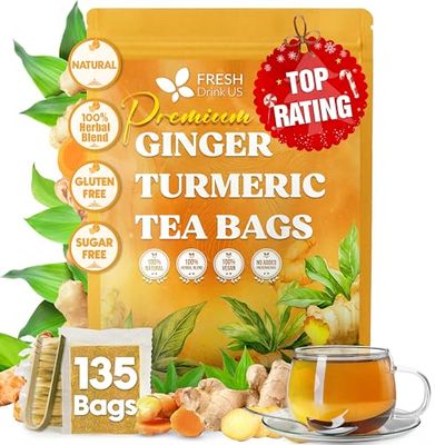 FreshDrinkUS, Premium 135 Turmeric Ginger Tea Bags, 100% Natural Ingredients, Hand-made Blend of Turmeric and Ginger Herbal Tea, Eco-conscious Tea Bags. No Sugar, No Caffeine, No Gluten, Vegan.