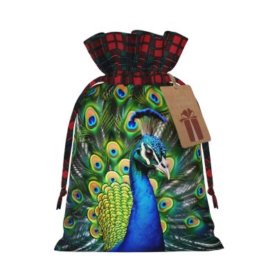Dwrepo Blue Peacock Christmas Gift Bags Burlap Gift Wrap Bags Reusable Drawstring Gift Bags with Tags Xmas Holiday Party Favors Bags