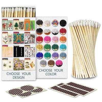 4" Matches Color of Your Choice + 2 Boxes Designer Matchboxes of Your Choice + Extra Striker Stickers Included | 100 Matches & Decorative Matchboxes | Decor by Thankful Greetings