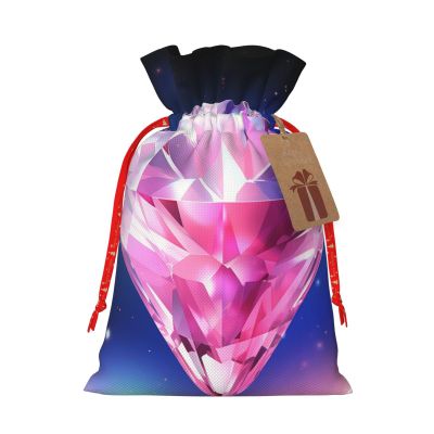 BONDIJ Pretty diamond Christmas Gift Bags Reusable Christmas Drawstring Bags with Kraft Tags Xmas Party Favor Bags for Holiday Wrapping Presents