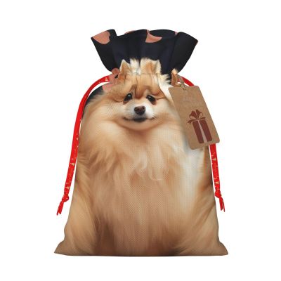 BONDIJ Pomeranians Puppies Christmas Gift Bags Reusable Christmas Drawstring Bags with Kraft Tags Xmas Party Favor Bags for Holiday Wrapping Presents
