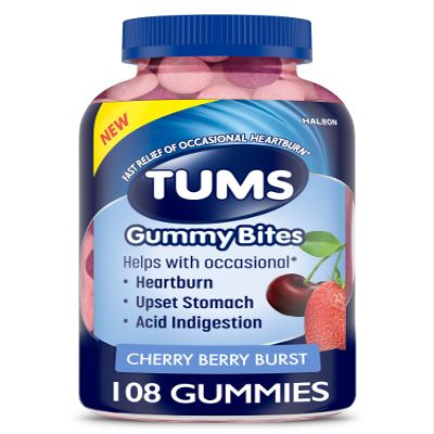 TUMS Gummy Bites Dietary Supplement for Occasional Heartburn Relief, Upset Stomach and Acid Indigestion, Cherry Berry Burst - 108 Count