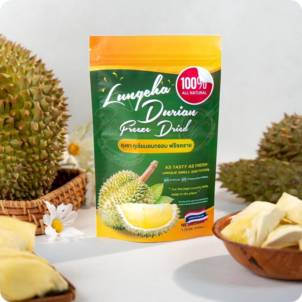 LUNGCHA Freeze Dried Durian Pure Premium King of Thai fruit, Real Fruit Snack, Natural, no sugar and no presevative added 1.75 Oz./Bag (1)