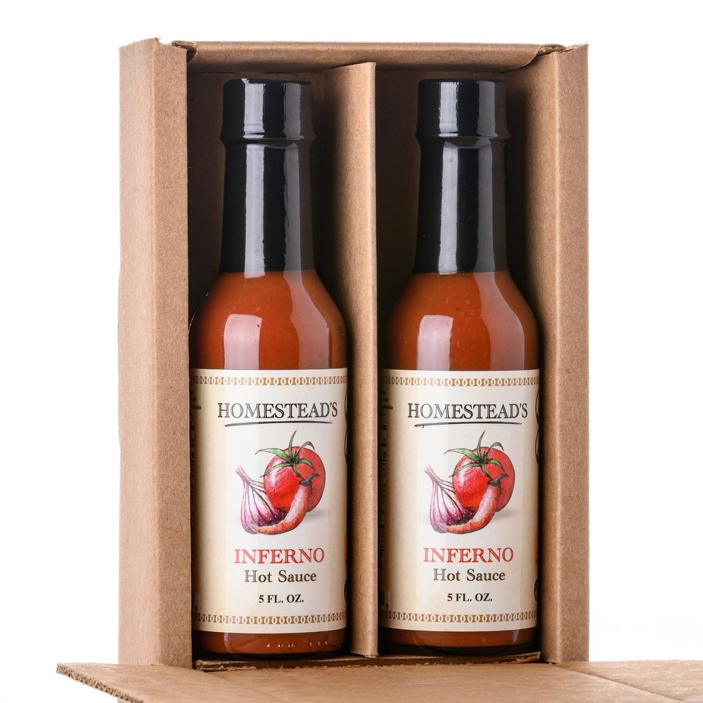 Homesteads Inferno Hot Sauce Duo | Mild, Tangy & Smooth Heat | Kosher-Friendly, Made with Farm-Fresh Peppers | Great on Eggs, Chicken, Tacos & Soups | 5 oz Each (2 Pack)